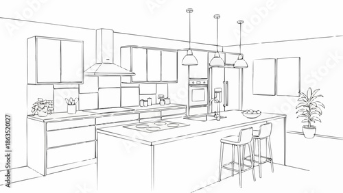 Modern Kitchen Interior Design Sketch with Island and Appliances.