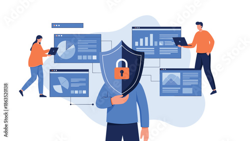 Data privacy concept with a person holding a security shield while a team analyzes information on various dashboard screens.