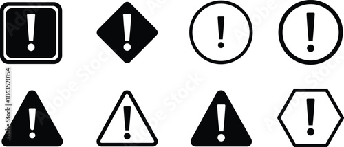 Collection of black and white exclamation mark warning symbols in various geometric shapes