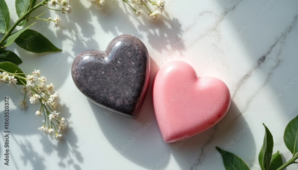 Obraz premium Two heart shaped soap bars lie on marble surface surrounded by green leaves and tiny white flowers. Pink and dark gray soaps offer romantic gift or bath spa, clean beauty.