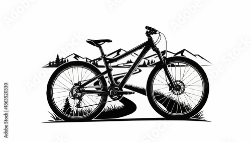 Mountain Bike Illustration with Scenic Mountain Background.