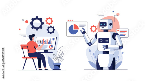 Collaboration between a human analyst and an AI robot working on data visualization and business process automation together.