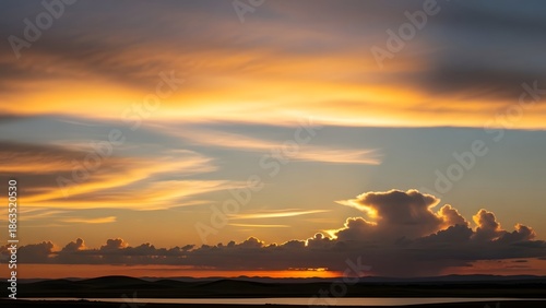 Golden Hour Sky Displayed With Dramatic Clouds During Sunset Over a Serene Horizon