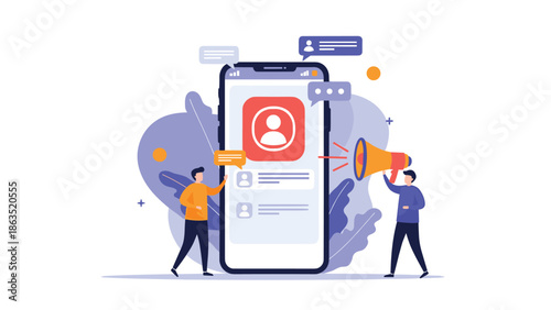 Influencer marketing concept with two men using a megaphone and social media on a smartphone to promote a user profile.