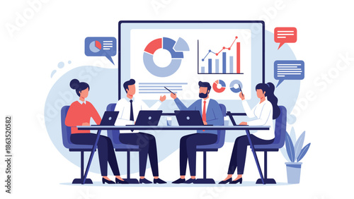 Business team in a meeting room discusses a presentation with data charts and graphs shown on a large screen in front.