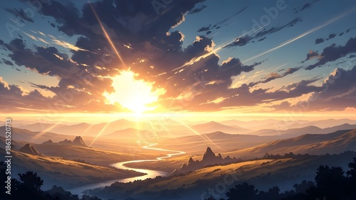 Golden Sunrise Over Rolling Hills with a Winding River