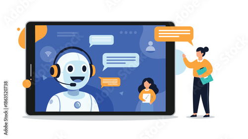 Two women interact with a friendly AI chatbot operator wearing a headset on a large tablet screen for customer support.