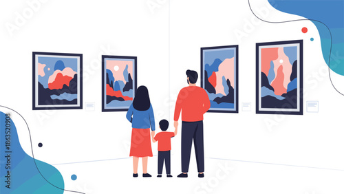 Family with a child enjoys a cultural day out, viewing modern abstract paintings at an art gallery or museum exhibit.