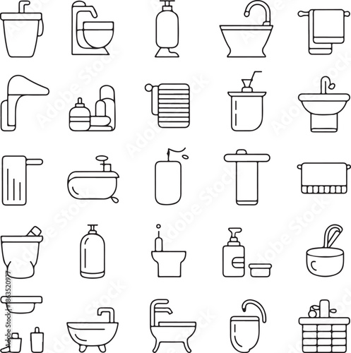 A collection of various bathroom icons and objects