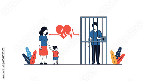 Family health insurance for inmates concept, showing a man in prison with his family and a heart rate symbol outside.