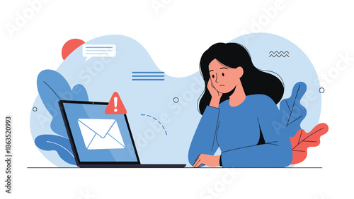Worried woman looks at a spam email notification with a warning symbol on her laptop, illustrating phishing and online scams.