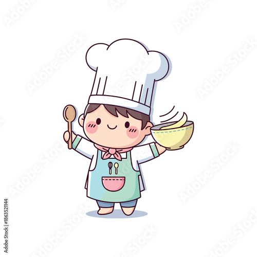 A cartoon chef happily holds a bowl and spoon in a kitchen environment.
