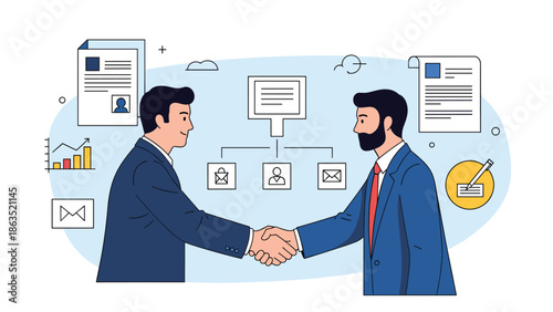 Two businessmen shaking hands to confirm a partnership, surrounded by icons representing different aspects of a business agreement.