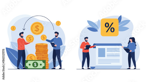 Financial concepts showing people managing money, with one person illustrating cash flow and another reviewing a loan document.