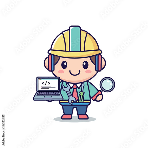 Cartoon developer wearing a hard hat holds a laptop and magnifying glass.