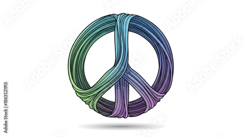 Vibrant peace sign made of colorful intertwined strings on white background symbolizing harmony and unity in a stylized illustration with vibrant colors