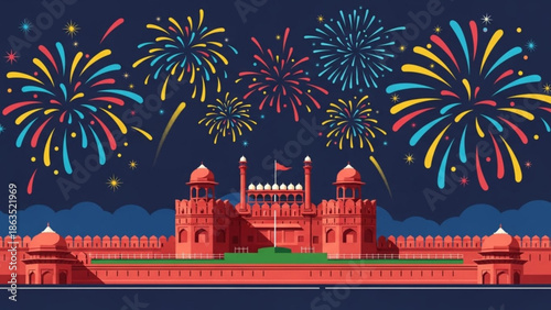 Red fort with fireworks display at night, celebrating indian independence day or republic day with vibrant colorful explosion in the sky, illustration of famous indian