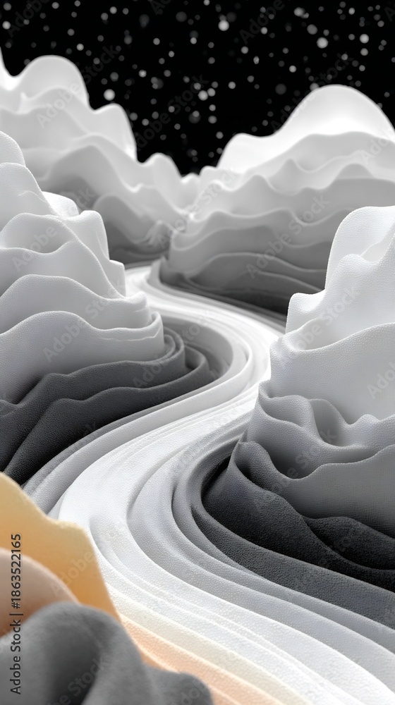 Obraz premium Gray Mountains Landscape with Wavy Lines under Starry Night Sky