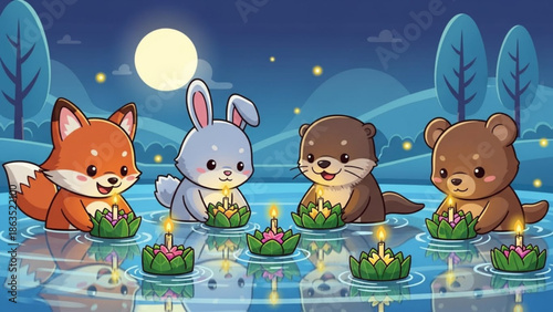 Whimsical cartoon animals floating on lotus lanterns in serene moonlit water with trees and fireflies, a peaceful magical scene with serene scene