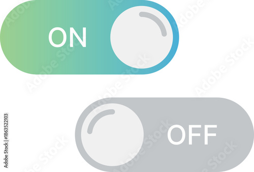 Toggle switch ON with green blue gradient and OFF with grey gradient button