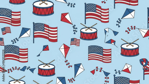 American patriotic seamless pattern with flags, kites and drums on blue background for 4th of july, independence day or memorial day, festive and celebratory design