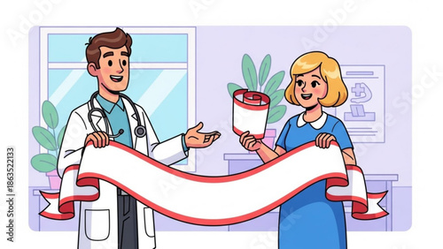 Doctor and nurse holding a long medical chart in a hospital office with a window and plants in the background with healthcare and medical professional