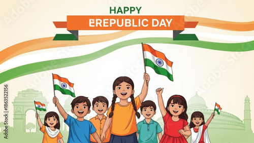 Children celebrating republic day with indian flags and national colors, happy kids waving tricolor flags in front of indian monuments with celebration