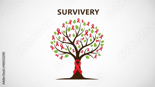 A tree with red ribbons and green leaves symbolizing hope and awareness for health and wellness on a white background with health awareness and wellness symbol