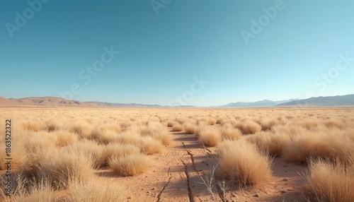 Expansive dry grassland stretches under clear blue sky with distant mountains. Cracked desert earth sparse vegetation in arid landscape. Vast plains hint at remote wilderness, harsh climate