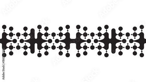 A black and white geometric pattern design featuring abstract shapes and symmetric elements in a traced illustration