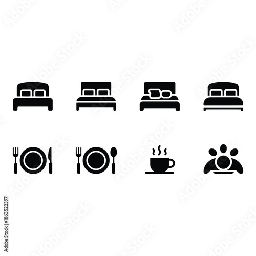 Hotel service icons set for accommodation and dining