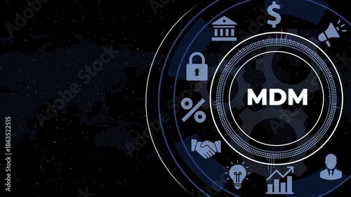 MDM concept with glowing neon icons and circuit board lines Keywords: MDM, Master Data