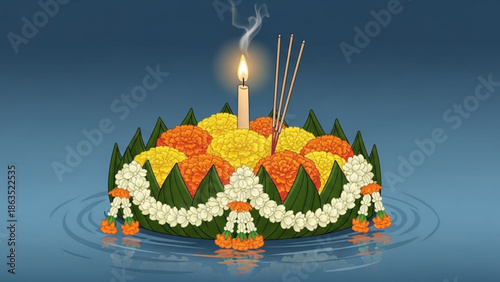 Beautifully decorated traditional thai floating lantern with colorful flowers and lit candle on serene water background with thai culture and traditional decoration
