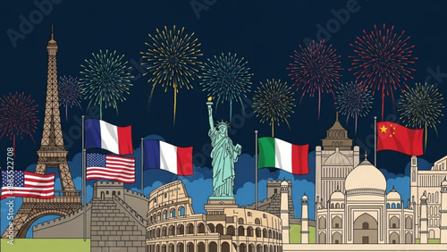 Celebratory illustration of famous landmarks and flags of usa, france, italy, and china with fireworks at night, symbolizing global unity and cultural exchange