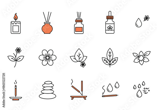 A collection of 15 lineart icons related to aromatherapy and spa
