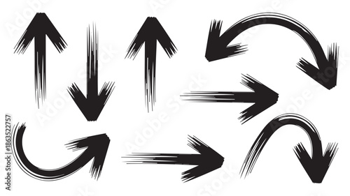 A set of seven black arrows drawn in various directions on a white background