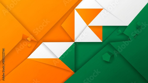 Vibrant orange, white, and green geometric shapes in abstract composition, modern art style with 3d effect with colorful and graphic and design