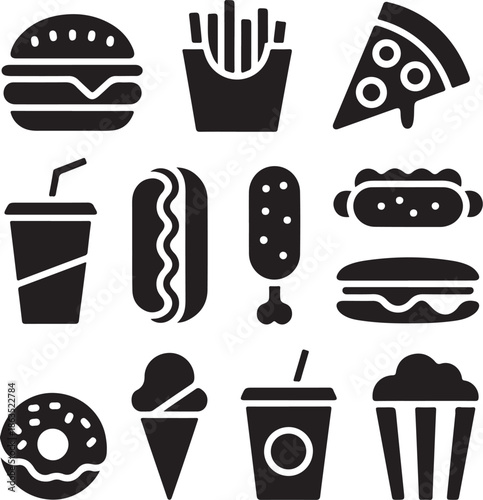 A collection of black and white fast food icons