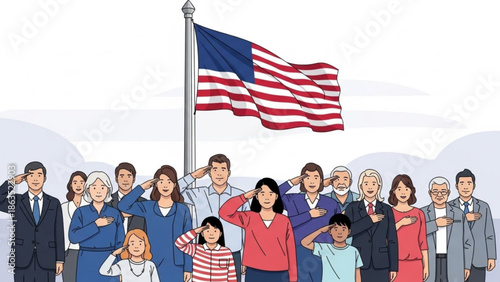 Diverse group of people saluting american flag patriotically in unity and celebration with patriotism and multicultural and nationalism and loyalty