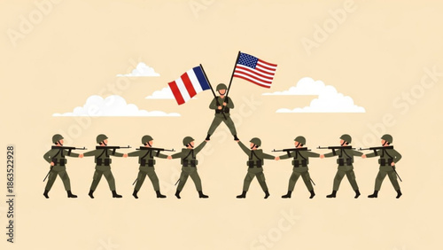 American and french soldiers in military uniforms marching together with flags, symbolizing alliance and unity, patriotism and international cooperation