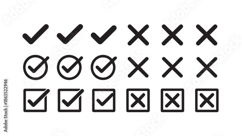A simple black and white illustration of various checkmarks and crosses in different shapes and sizes on a white background