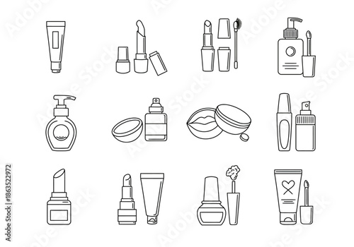 A grid of twelve black and white line art icons depicting various cosmetic products
