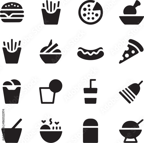 A collection of black food icons on a white background
