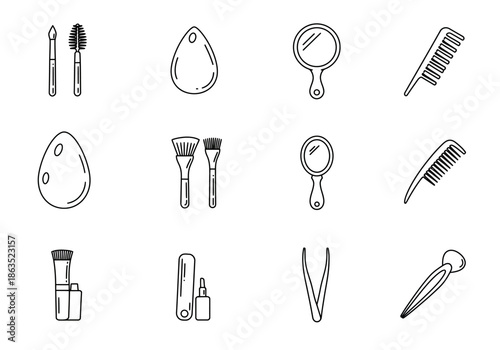Black and white line art icons of various beauty and grooming tools arranged in a grid