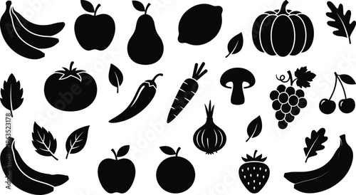 Fruit and vegetable silhouette icon set illustration, healthy food collection with leaves isolated on white background