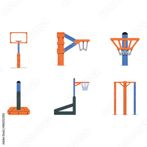 Collection of different basketball hoop and backboard
