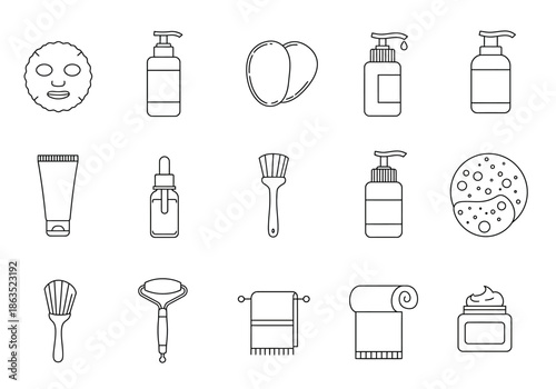 Black and white line art icons of various skincare and bath products