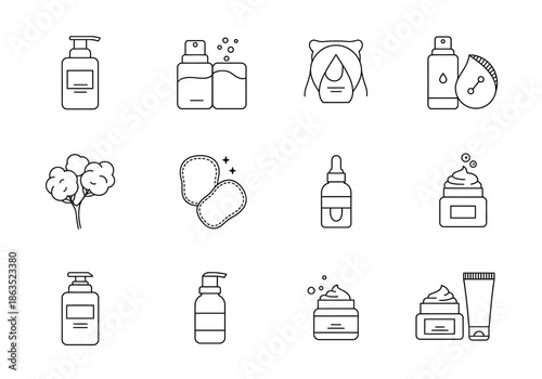 Black line art icons depicting various skincare and beauty products in a grid