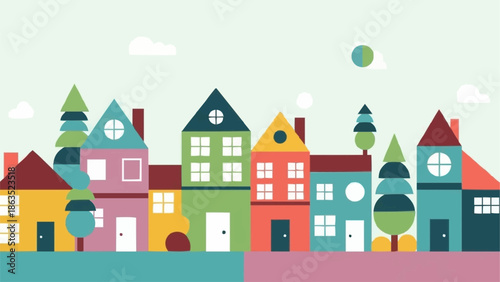 Colorful Row of Cartoon Houses in a Neighborhood.