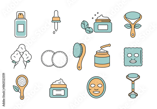 Collection of 12 flatstyle skincare product and tool icons